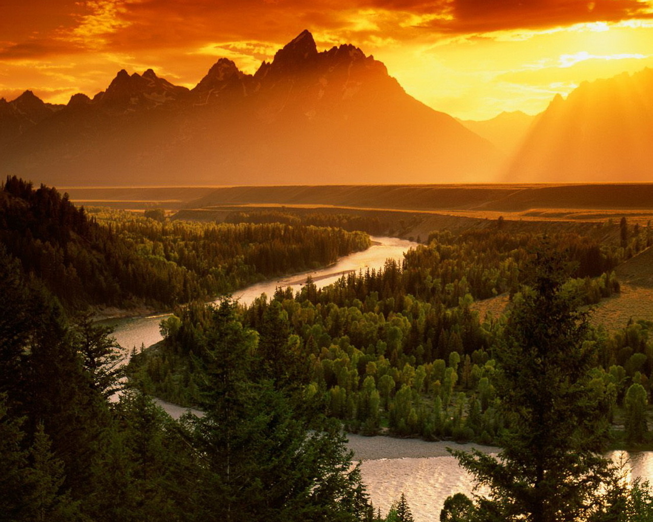 river, mountains, forest, sunset