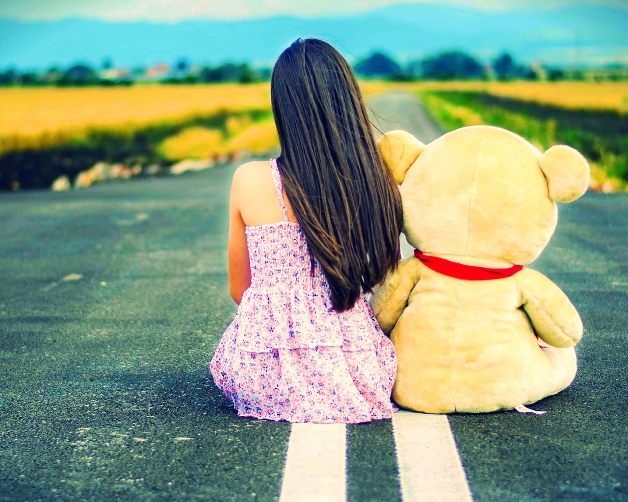 girl, sad, bear, road