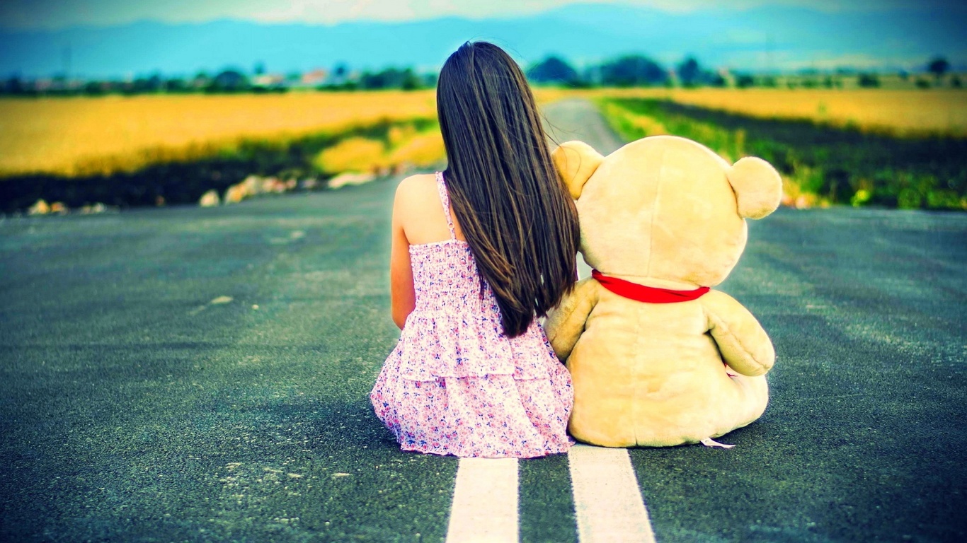 girl, sad, bear, road