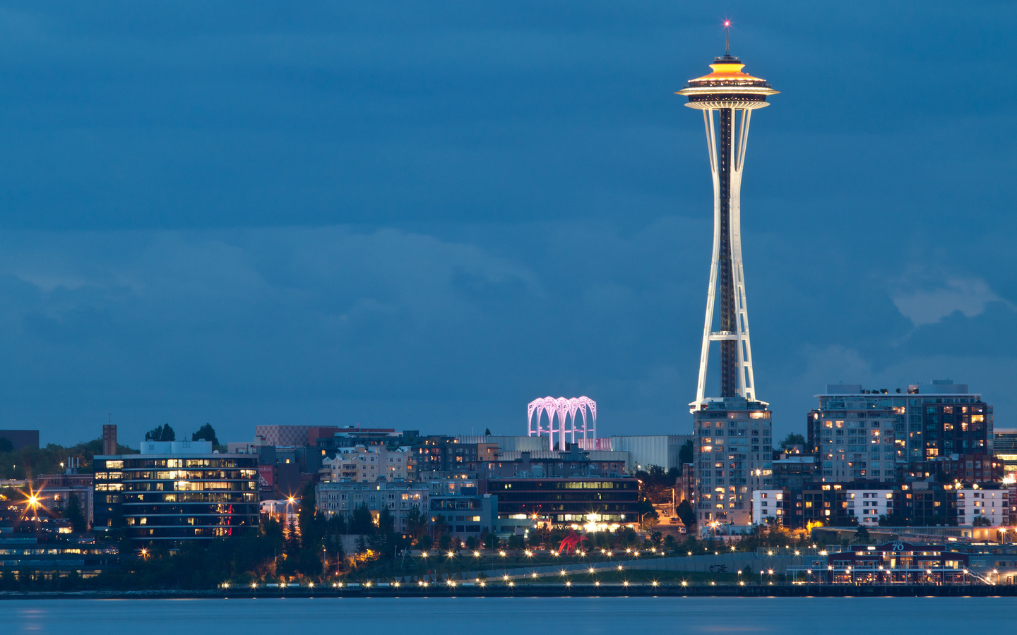 city, bay, seattle, lights, space needle, , washington, Usa, evening, 