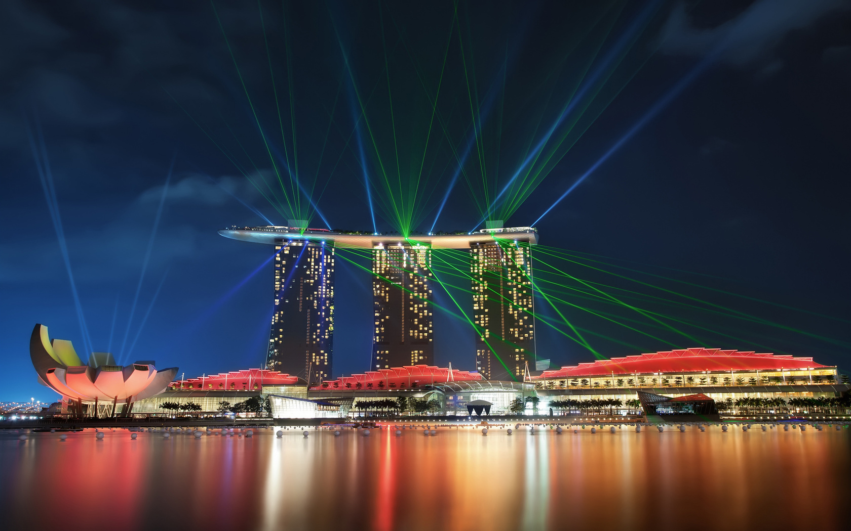 gardens by the bay, architecture, night, reflection, lights, bay, Singapore, sky, skyscrapers