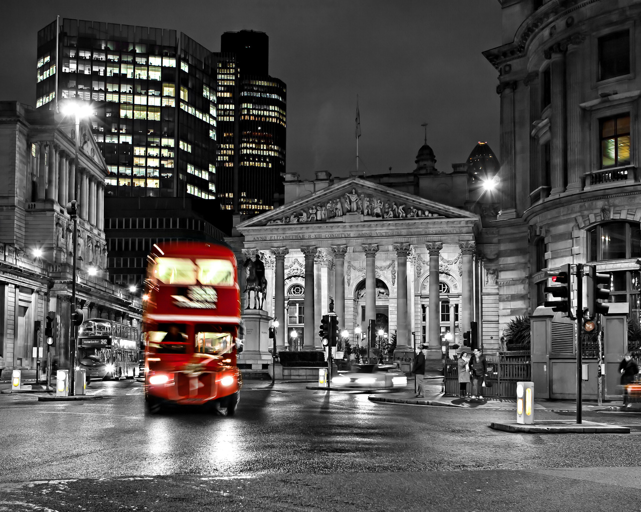 black and white, , blur, road, London, england, night, city, bus, street, lights