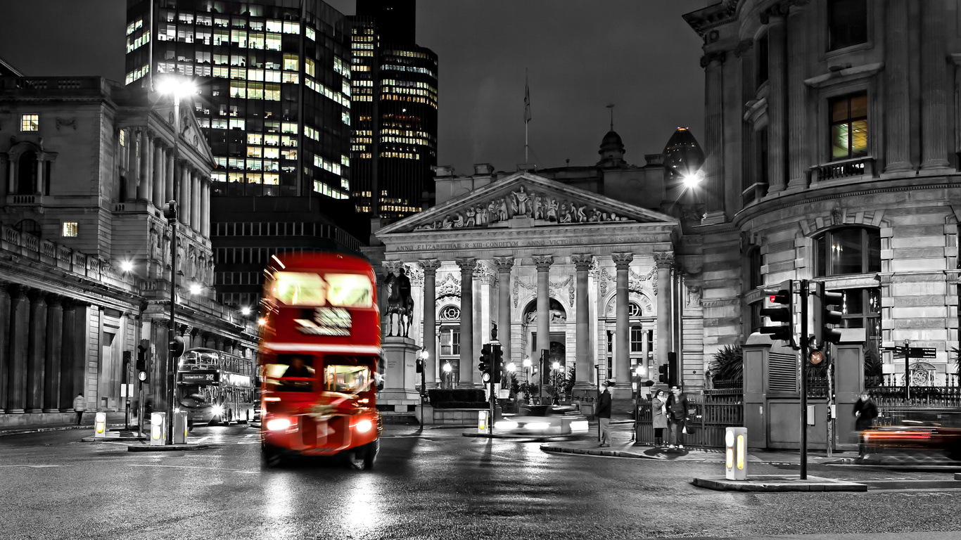 black and white, , blur, road, London, england, night, city, bus, street, lights