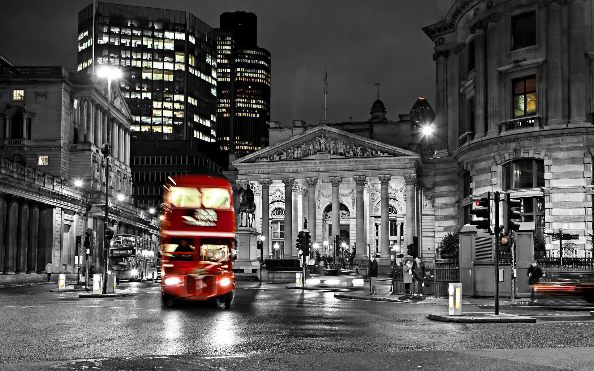 black and white, , blur, road, London, england, night, city, bus, street, lights