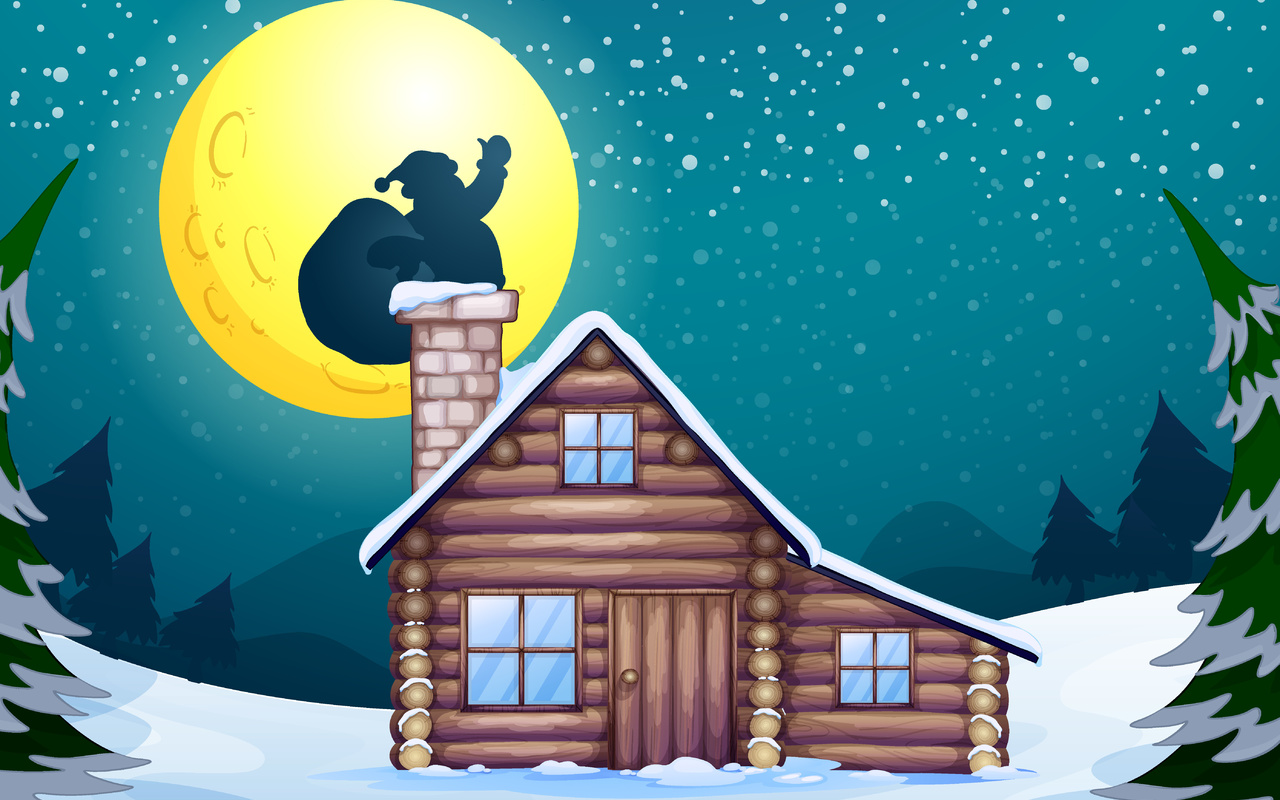 santa claus, chimney, christmas, tree, new year, moon, snow, house, vector, graphic, -, , , ,  , , , , , 