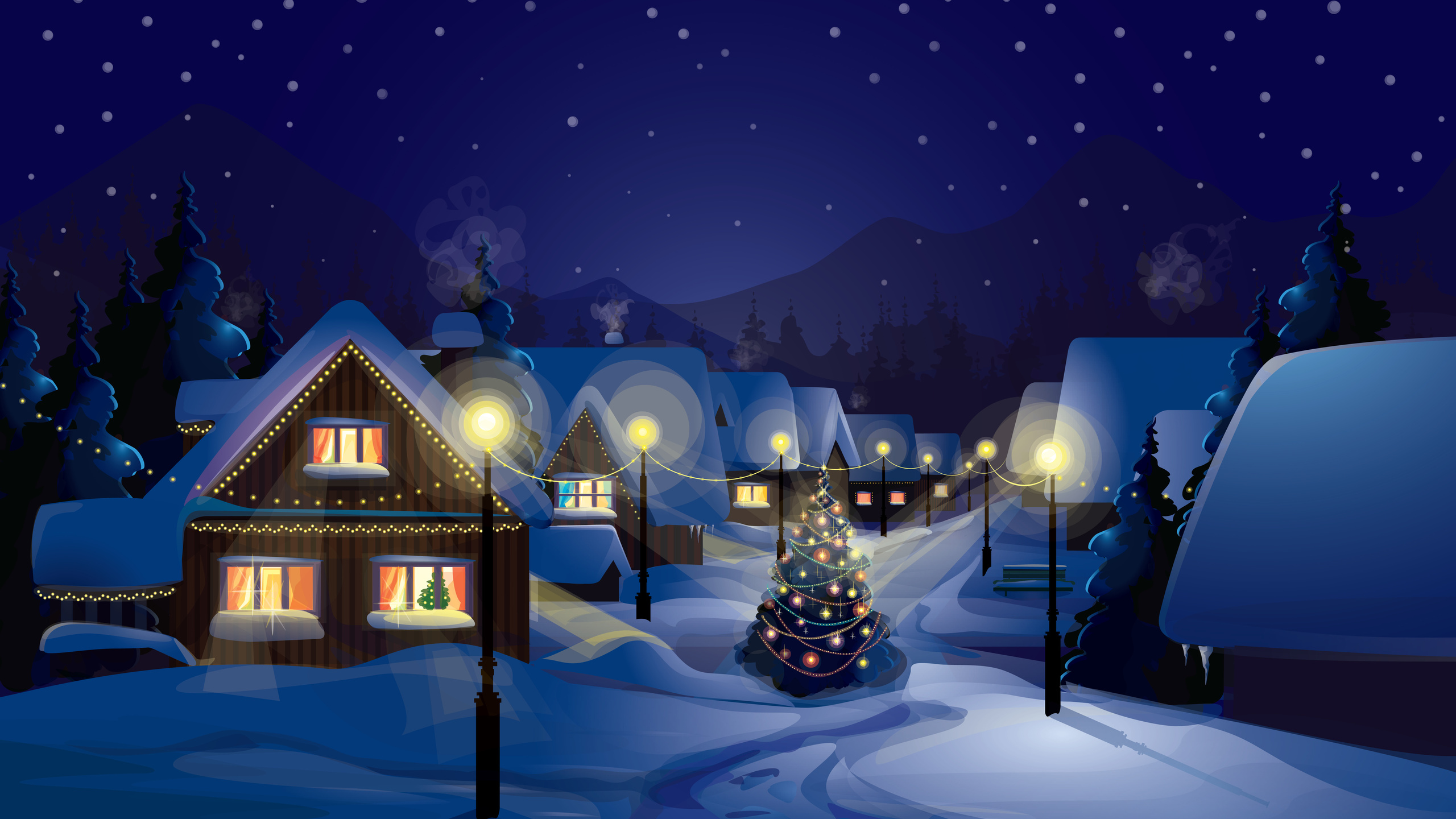 new year, merry christmas, christmas tree, town, city, houses, lights, light columns, ornaments, column, snow, graphic, art, vector,  ,   , , , , , ,  , , , , , 