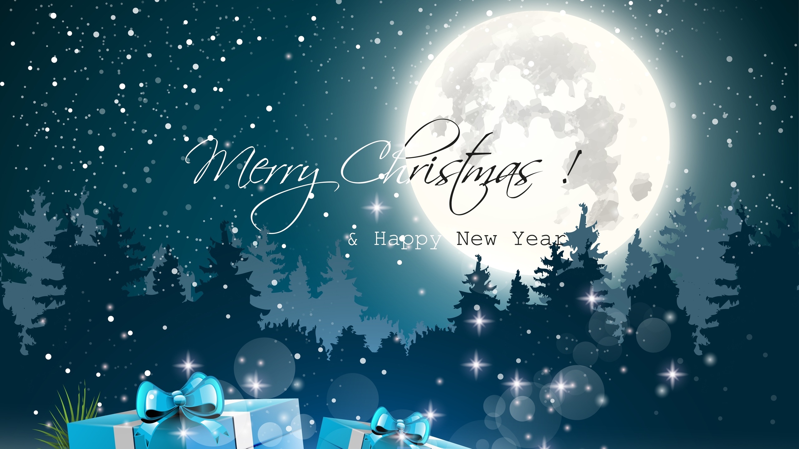 happy new year, merry christmas, christmas tree, full moon, gift box, snow, art,   ,   ,  ,  ,  , , 