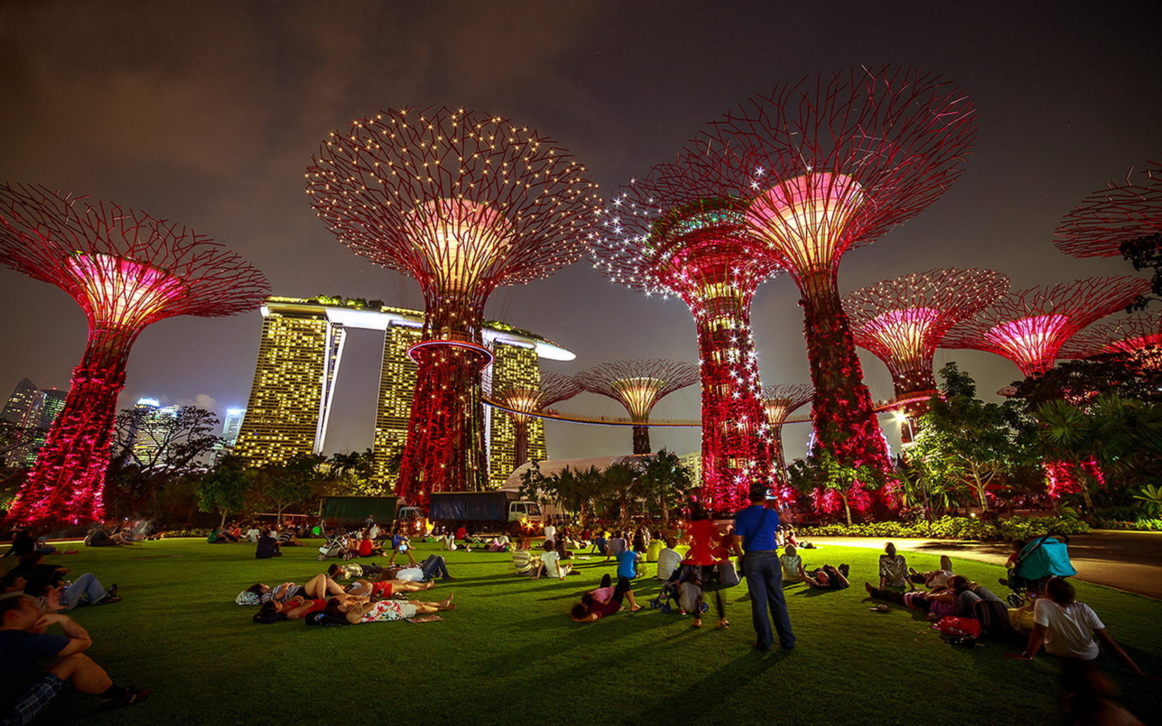 сингапур, парк, огни, вечер, здания, красота, люди, отдых