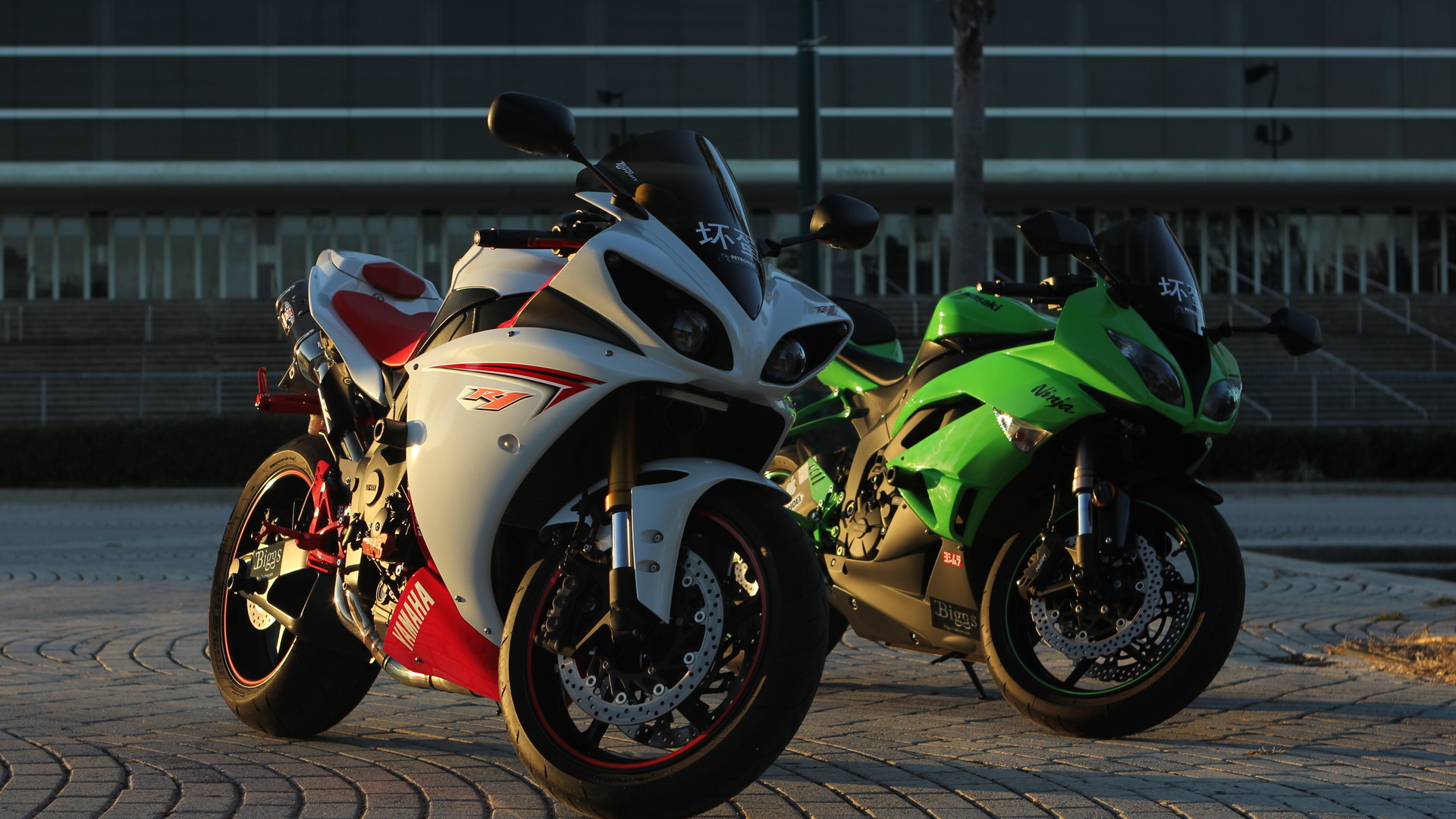 yamaha, yzf-r1, white, kawasaki, ninja, zx-6r, green