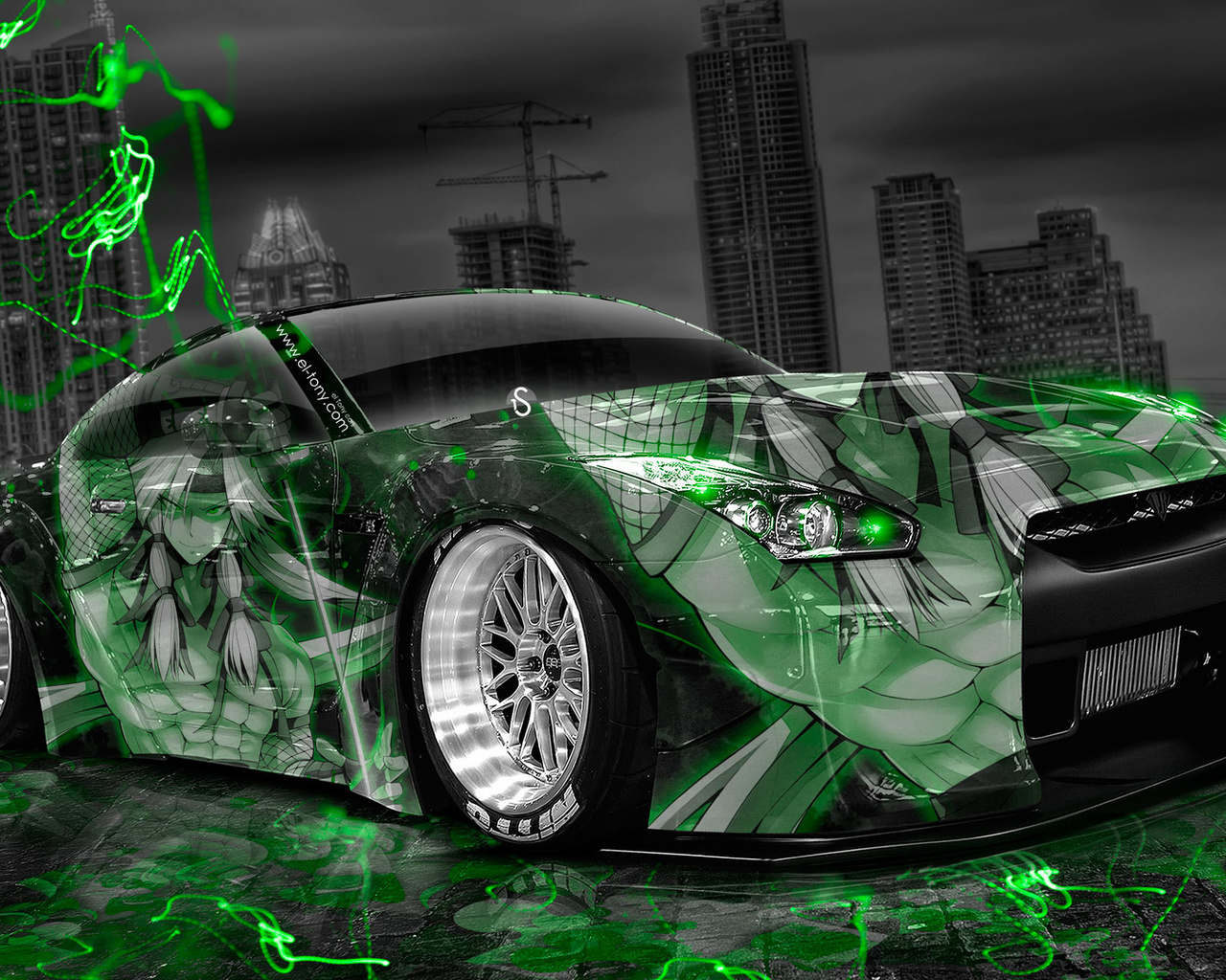 tony kokhan, nissan, gtr, r35, tuning, anime, aerography, green, neon, effects, style, city, night, jdm, el tony cars, photoshop, design,  , , , , ,  35, , , , , , , , , 