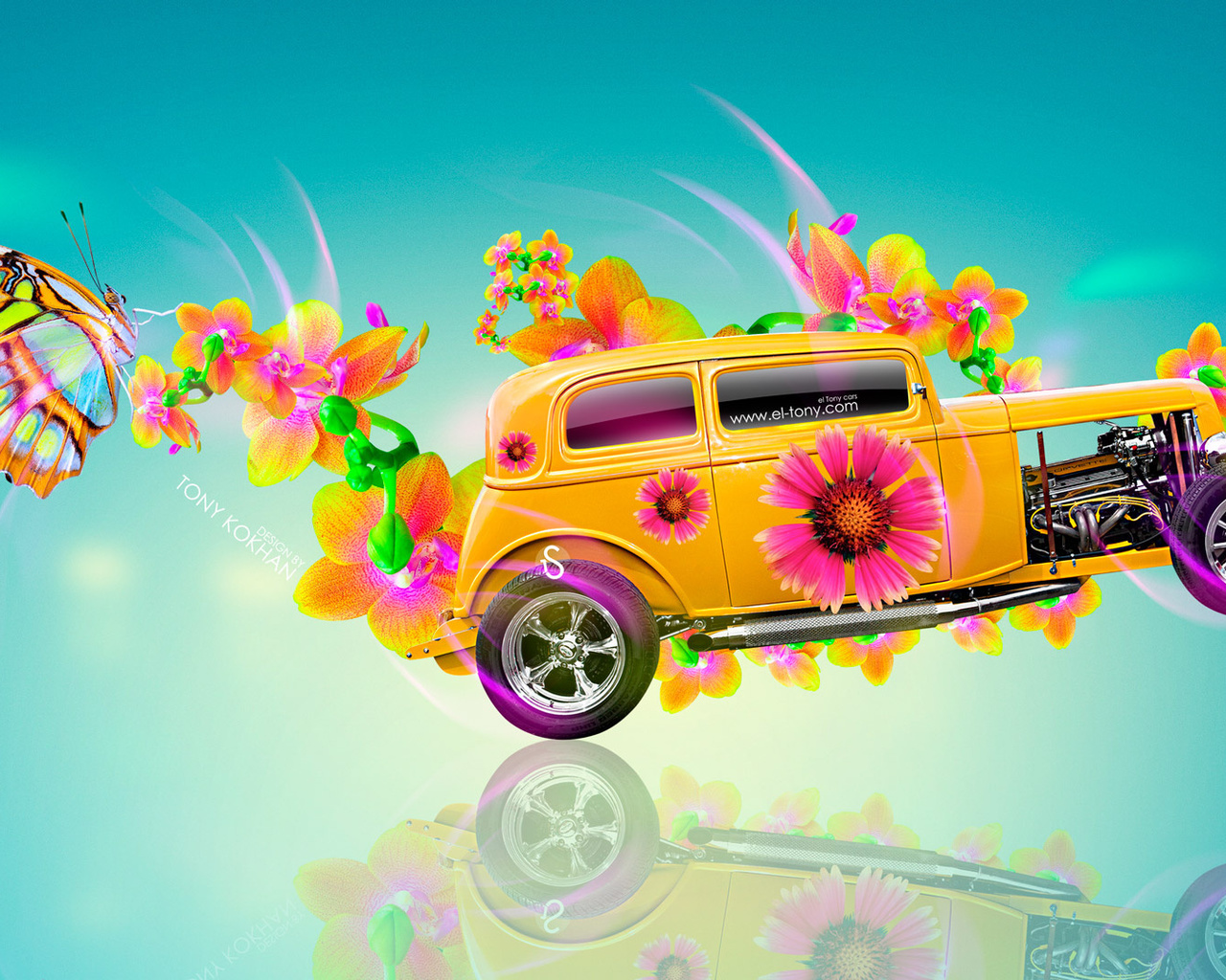 tony kokhan, retro, car, flowers, fantasy, chevrolet, engine, side, butterfly, multicolors, blue, background, hd wallpapers, el tony cars, photoshop,  , , , , ,  , , , , , , ,