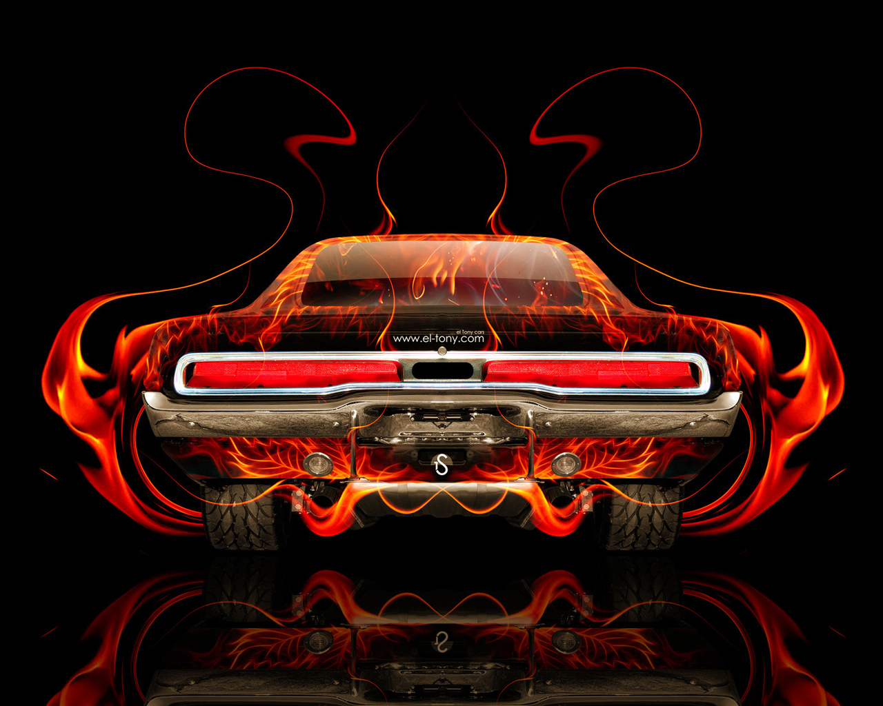 tony kokhan, dodge, charger, back, fire, car, retro, muscle, black, orange, abstract, el tony cars, photoshop, design, hd wallpapers,  , , , , ,  , , , , , , , , 2014