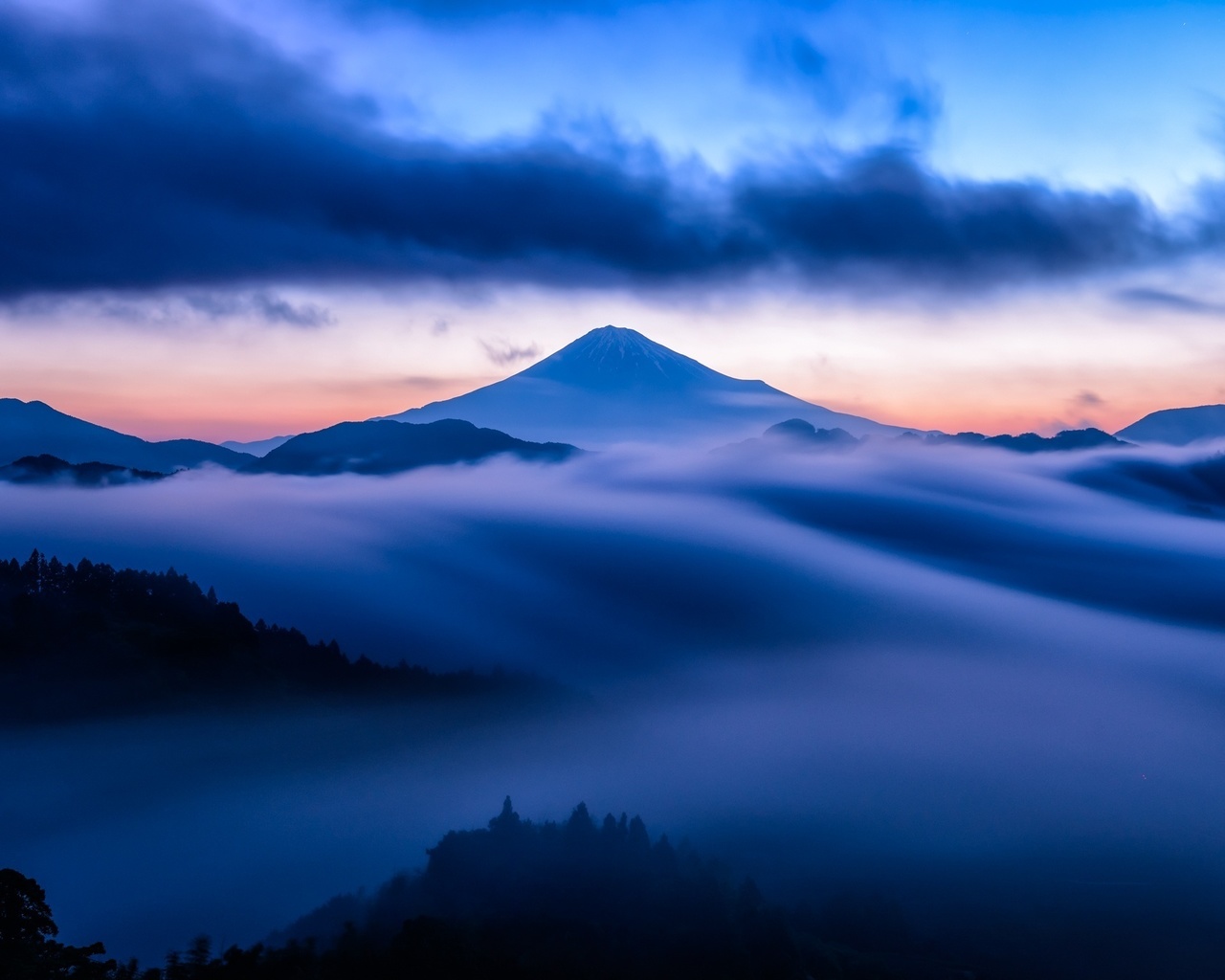 mountain, mist, sky, clouds, snow, blue, sunset, , , , , , , , , 