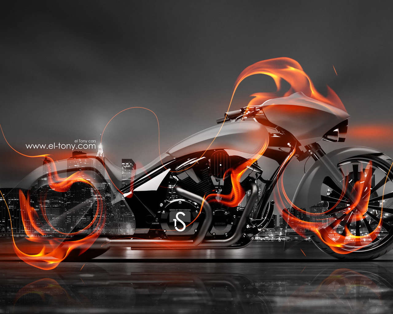 tony kokhan, moto, bike, fire, crystal, city, bike, orange, el tony cars, art, hd wallpapers, photoshop,  , , , , , , , , ,  , , 2014, 