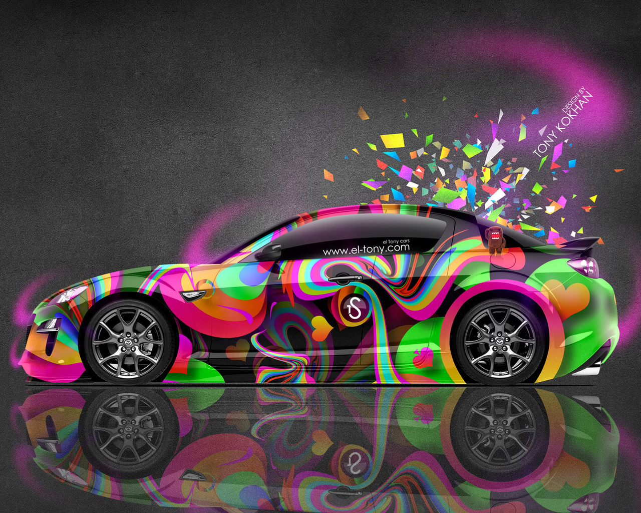 tony kokhan, mazda, rx8, jdm, side, multicolors, aerography, abstract, style, domo kun, toy, pink, neon, hd wallpapers, el tony cars, art, design,  , , , , 8, , , ,  , , , 