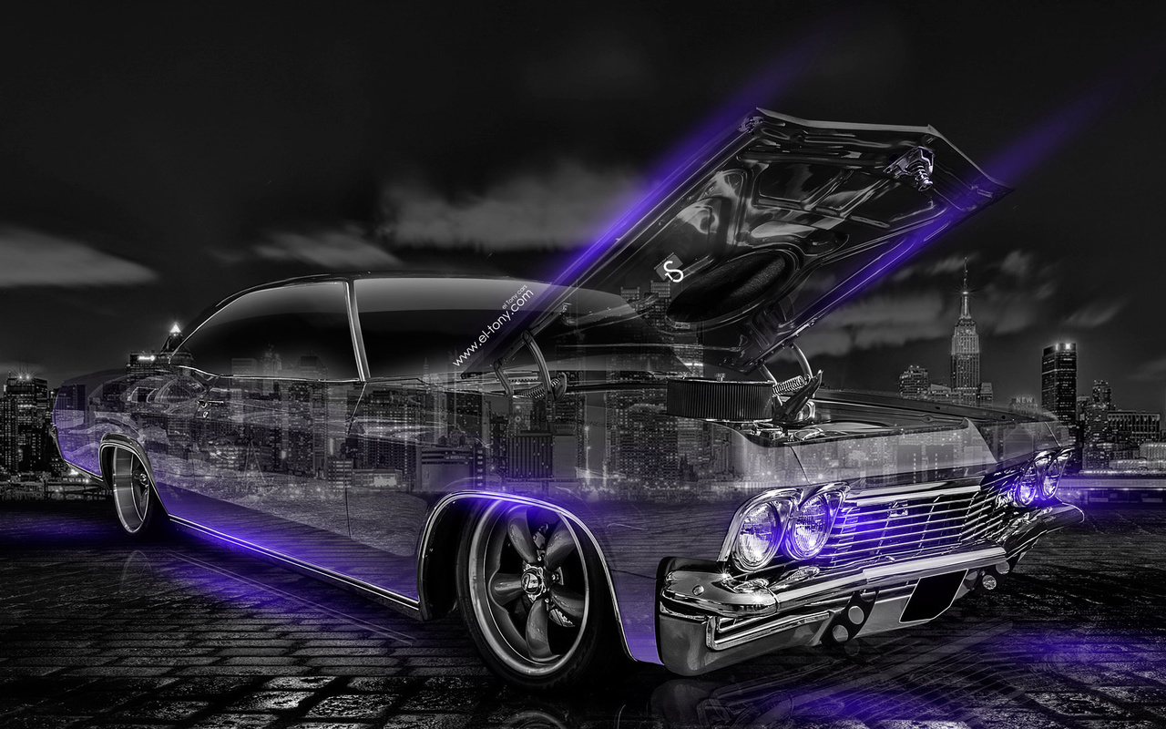 tony kokhan, chevrolet, biscayne, 1965, retro, crystal, city, violet, neon, hd wallpapers, photoshop, el tony cars, design,  , , , , , , , , , , , , , 2014