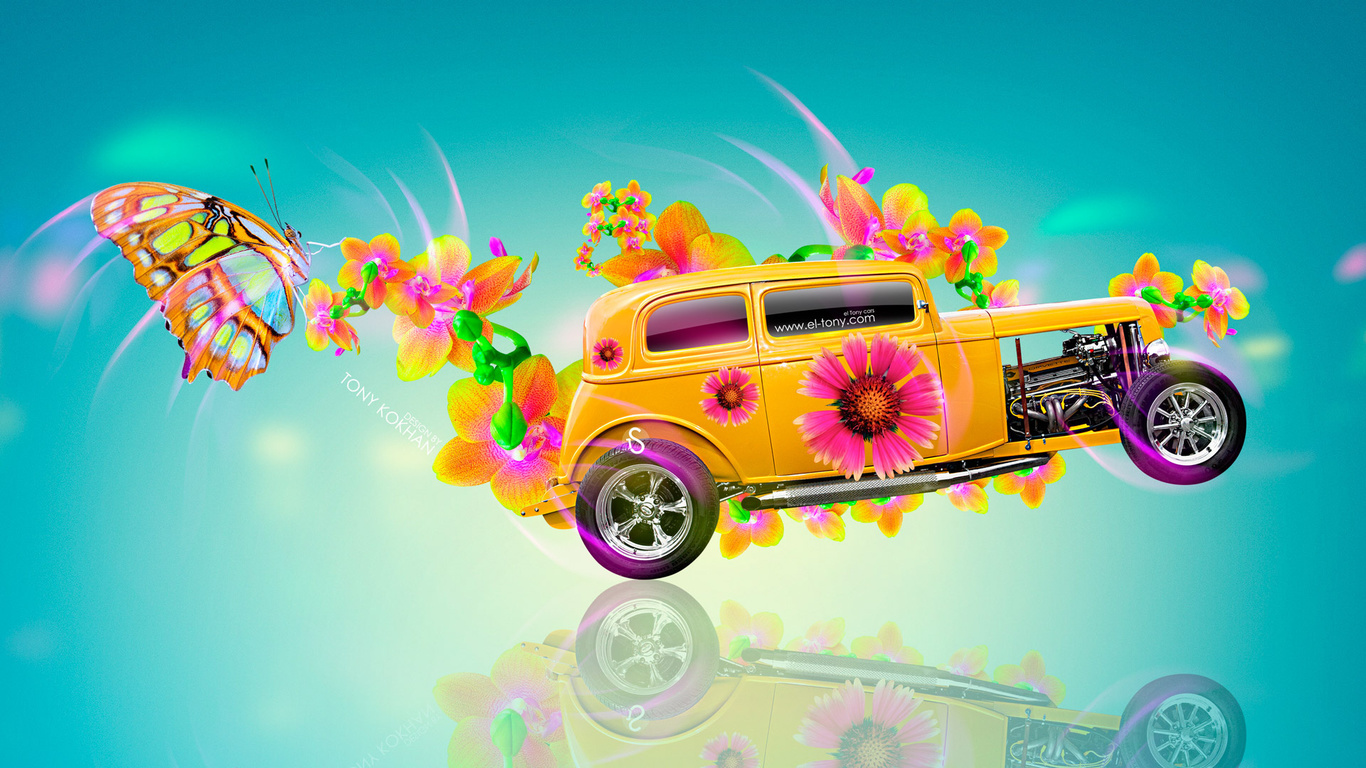 tony kokhan, retro, car, flowers, fantasy, chevrolet, engine, side, butterfly, multicolors, blue, background, hd wallpapers, el tony cars, photoshop,  , , , , ,  , , , , , , ,