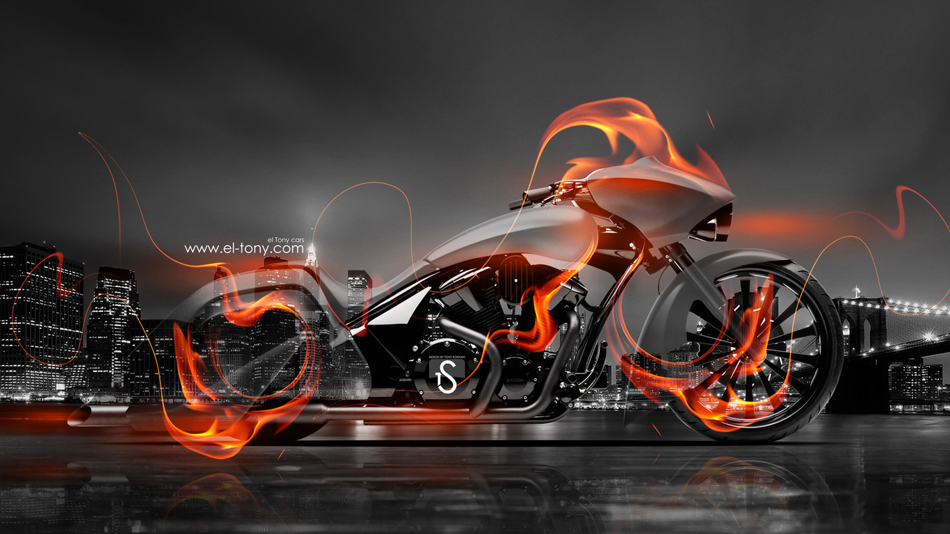 tony kokhan, moto, bike, fire, crystal, city, bike, orange, el tony cars, art, hd wallpapers, photoshop,  , , , , , , , , ,  , , 2014, 