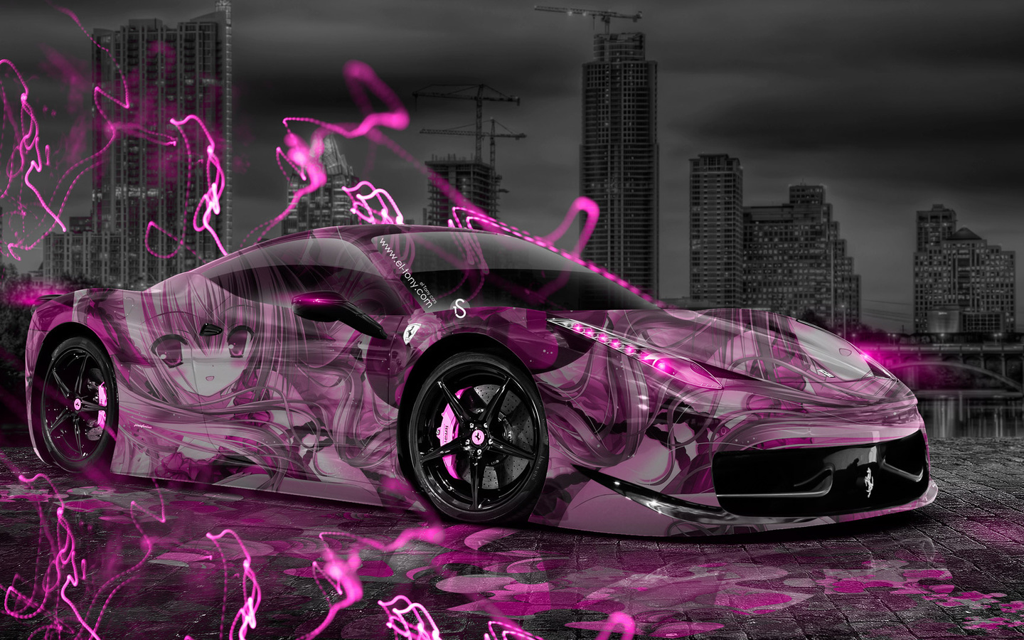 tony kokhan, ferrari, 458, italia, anime, girl, aerography, pink, neon, effects, hd wallpapers, city, night, photoshop, el tony cars,  , , , , , , , , , , , , , , 