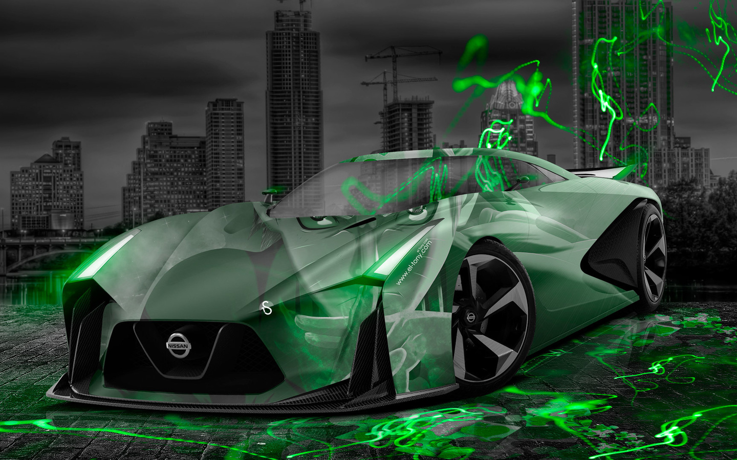 tony kokhan, nissan, gtr, 2020, concept, anime, aerography, city, night, jdm, green, neon, effects, photoshop, design, el tony cars,  , , , , , , 2020, , , , , . , , , 2