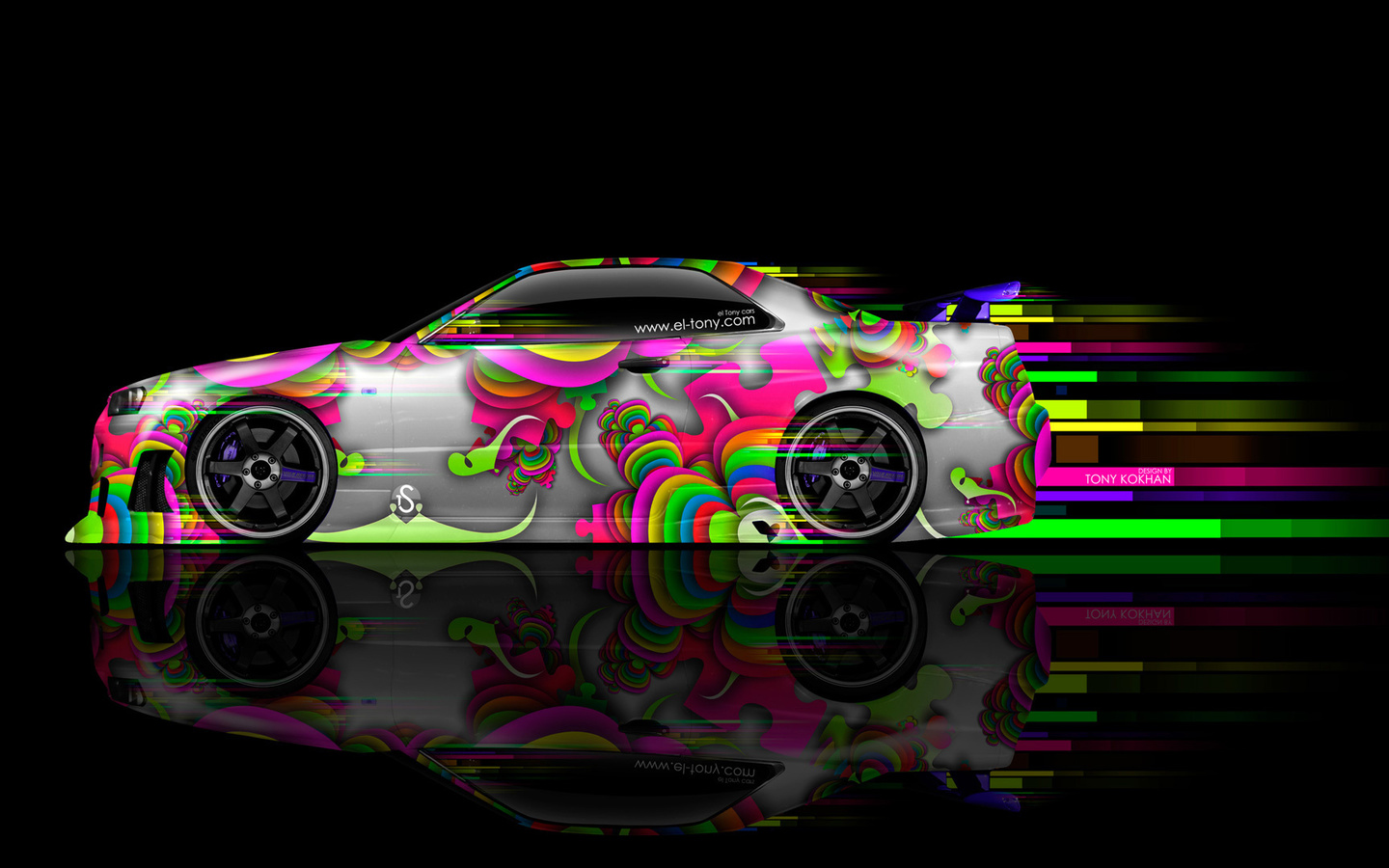 tony kokhan, nissan, skyline, gtr, r34, side, abstract, aerography, black, background, multicolors, aerography, jdm, style, photoshop, el tony cars, hd wallpapers,  , , , , , , , 34, 34 , , 