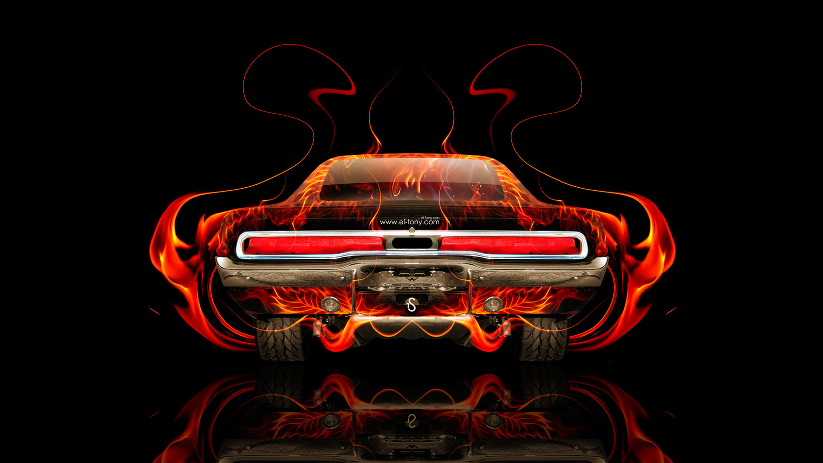 tony kokhan, dodge, charger, back, fire, car, retro, muscle, black, orange, abstract, el tony cars, photoshop, design, hd wallpapers,  , , , , ,  , , , , , , , , 2014