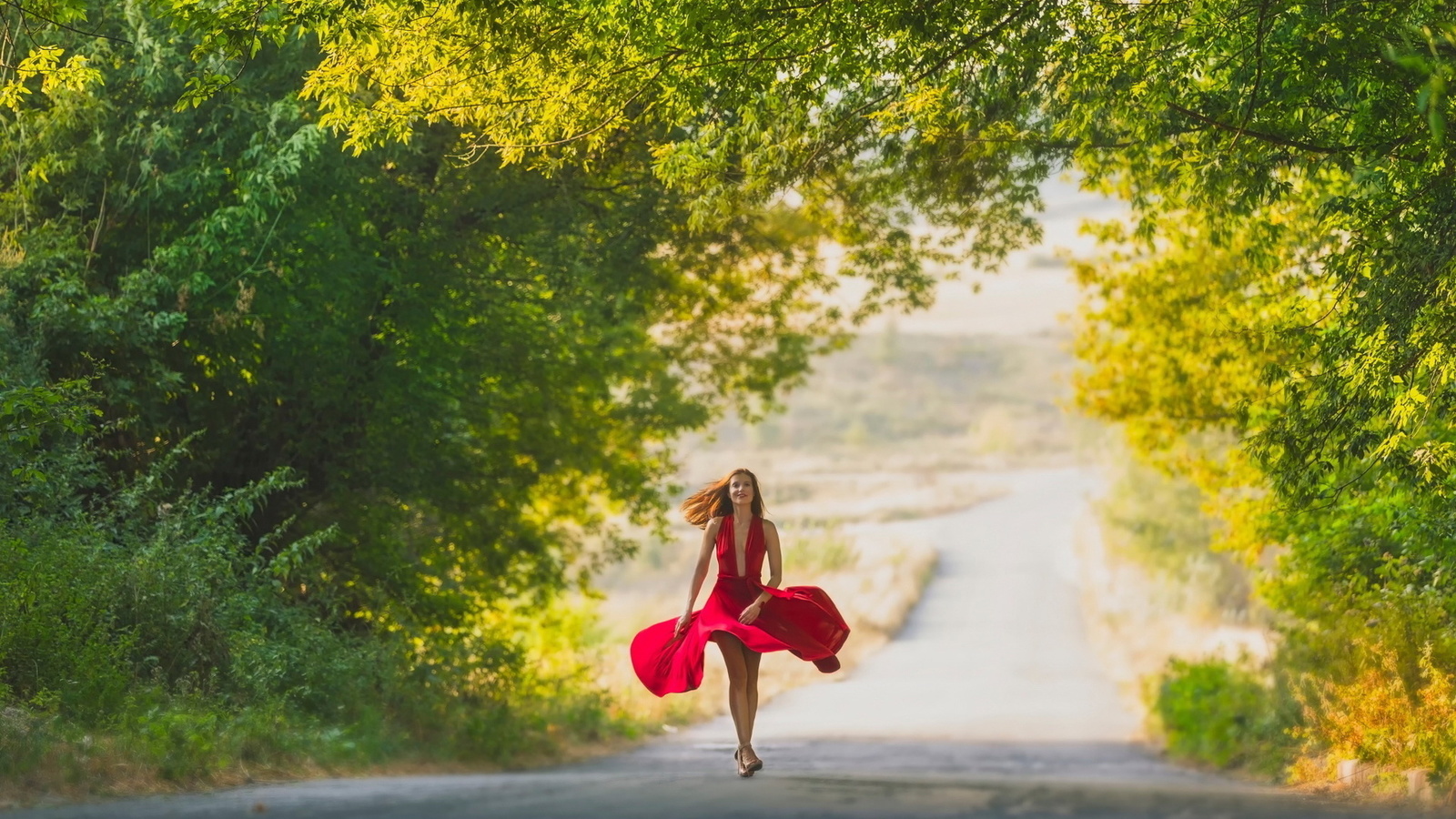 road, tree, dress, red, girl, beauty