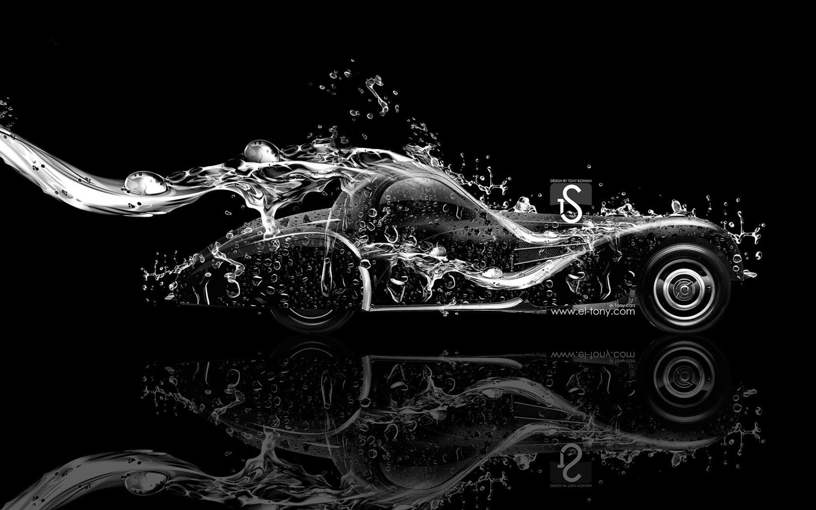 tony kokhan, bugatti, type 57s, 1937, side, water, car, black, white, el tony cars, photoshop, hd wallpapers,  , , , , , ,  , , , , , , , , 2014