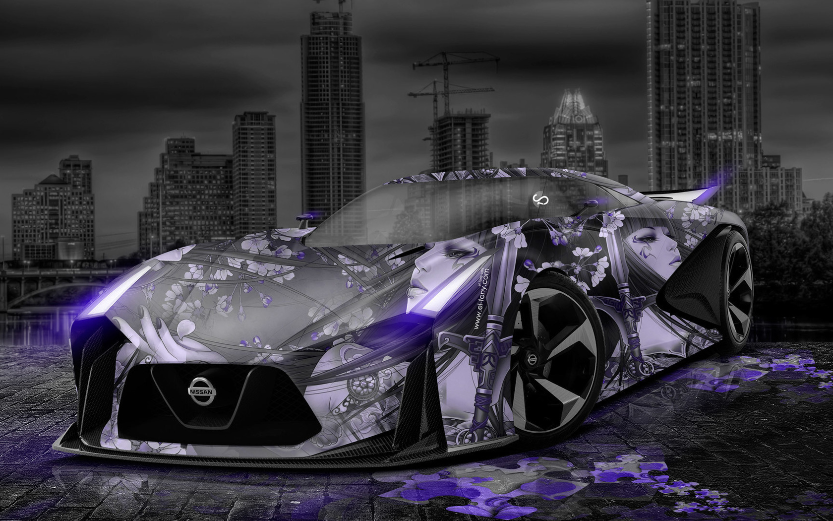 tony kokhan, nissan, gtr, 2020, concept, el tony cars, anime, girl, aerography, city, car, 2014, violet, neon, hd, wallpapers, design,  , , , , , , , , , , , 