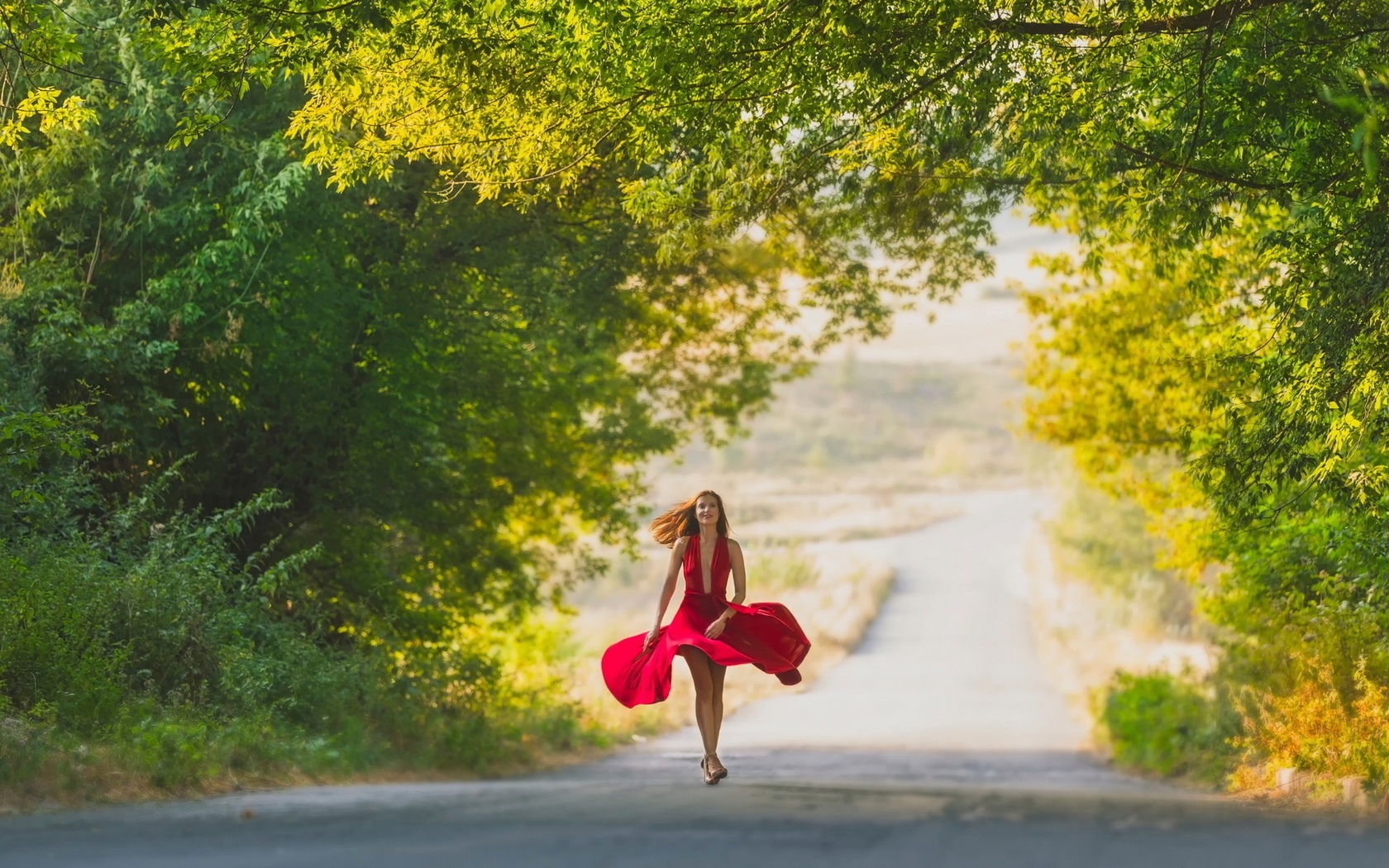 road, tree, dress, red, girl, beauty