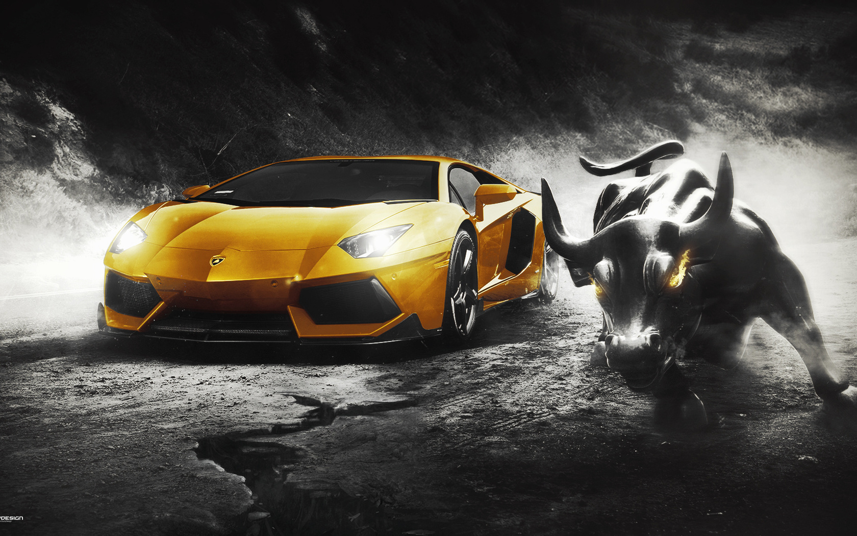 lamborghini, aventador, lp700-4, yellow, bull, supercar, wall, design