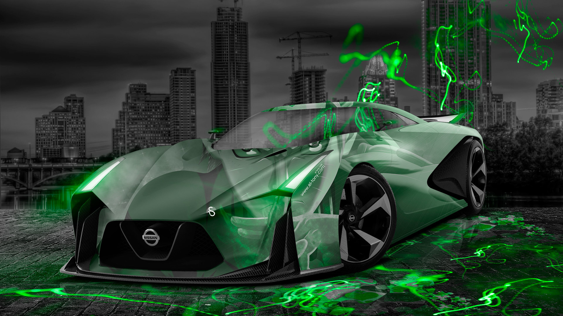 tony kokhan, nissan, gtr, 2020, concept, anime, aerography, city, night, jdm, green, neon, effects, photoshop, design, el tony cars,  , , , , , , 2020, , , , , . , , , 2