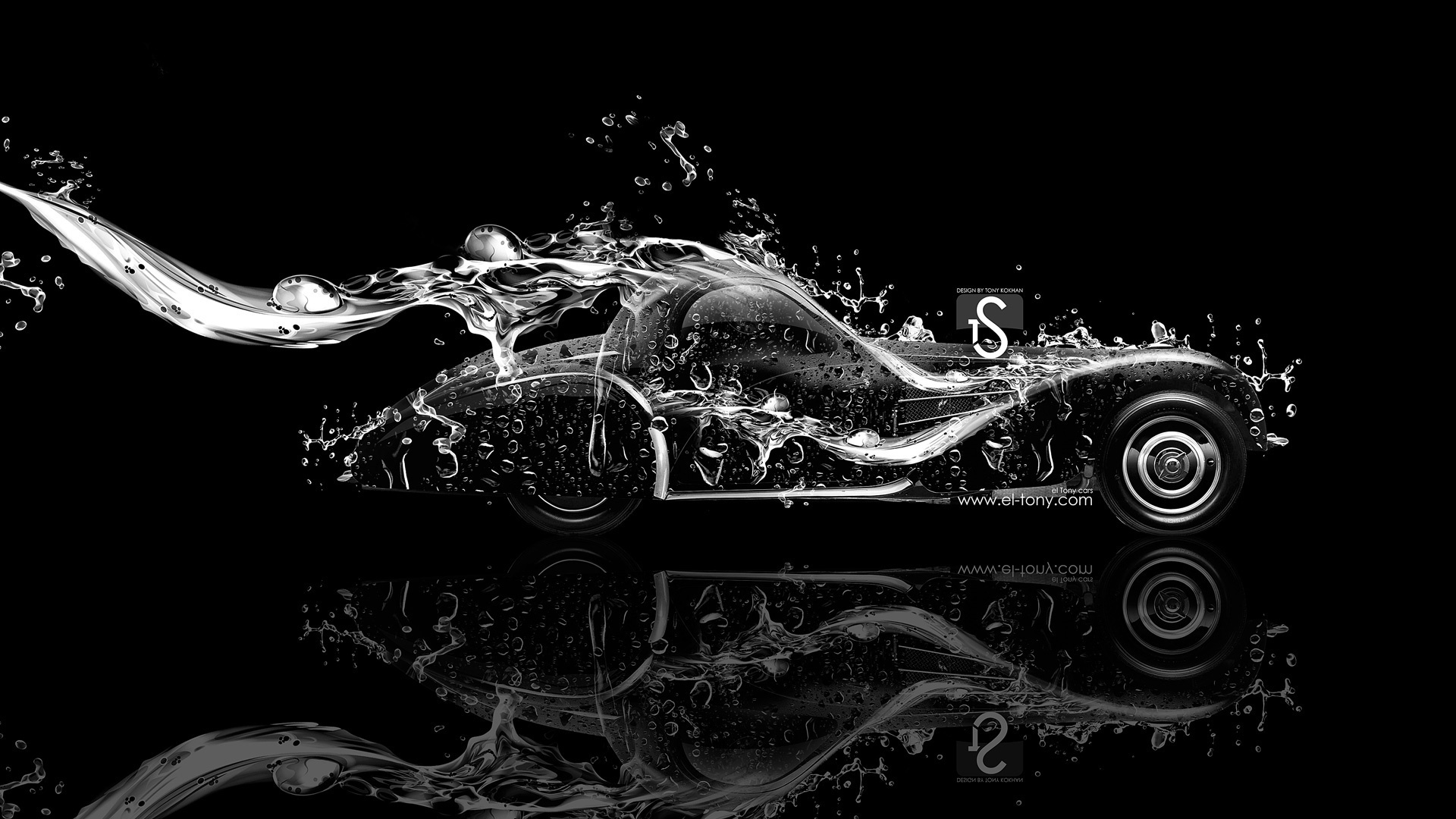 tony kokhan, bugatti, type 57s, 1937, side, water, car, black, white, el tony cars, photoshop, hd wallpapers,  , , , , , ,  , , , , , , , , 2014