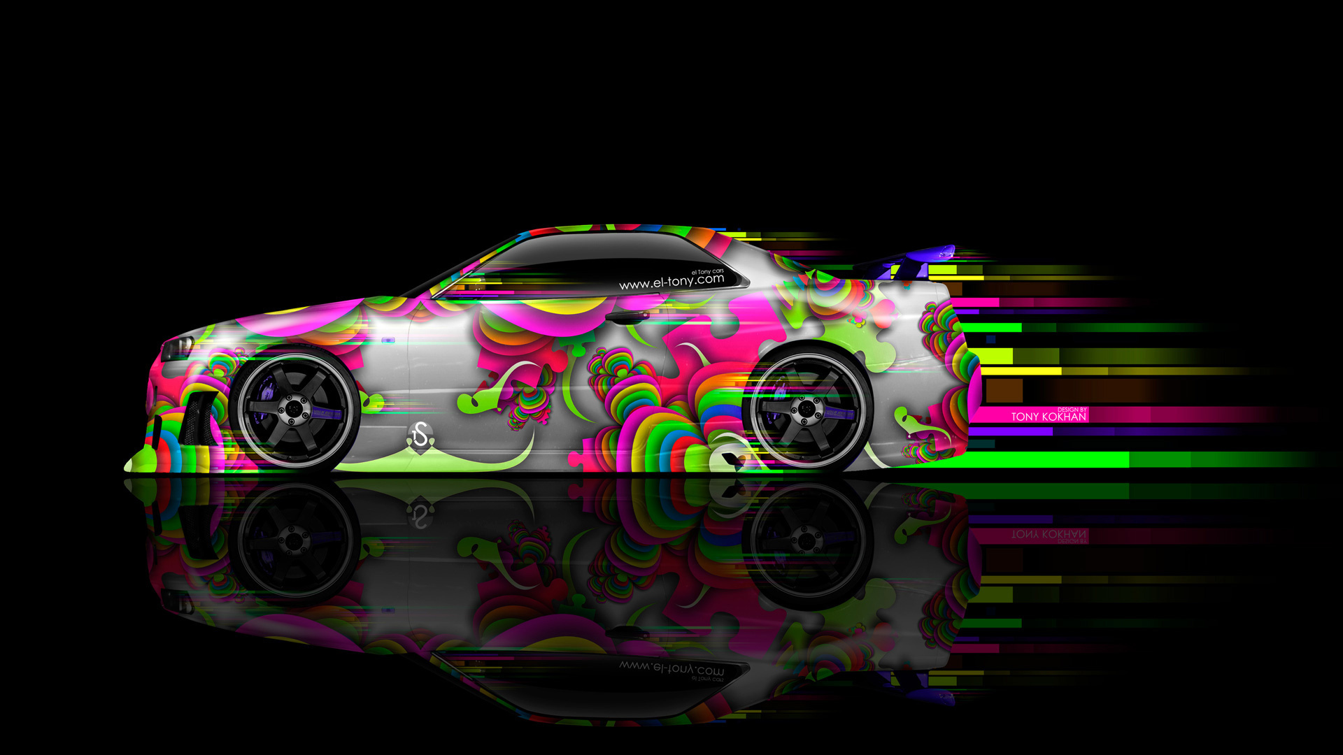 tony kokhan, nissan, skyline, gtr, r34, side, abstract, aerography, black, background, multicolors, aerography, jdm, style, photoshop, el tony cars, hd wallpapers,  , , , , , , , 34, 34 , , 