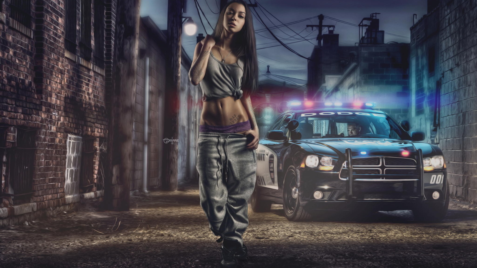 girl, swag, police, car, dodge, flashers, view, hair, prime, 