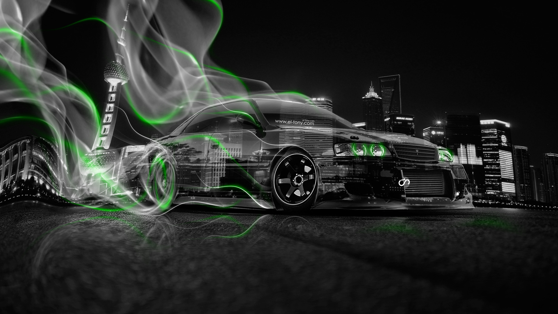 tony kokhan, toyota, chaser, jzx100, jdm, crystal, city, car, drift, smoke, green, neon, city, hd wallpapers, el tony cars, art,  , , , , 100 , , , , , , , , , , , 