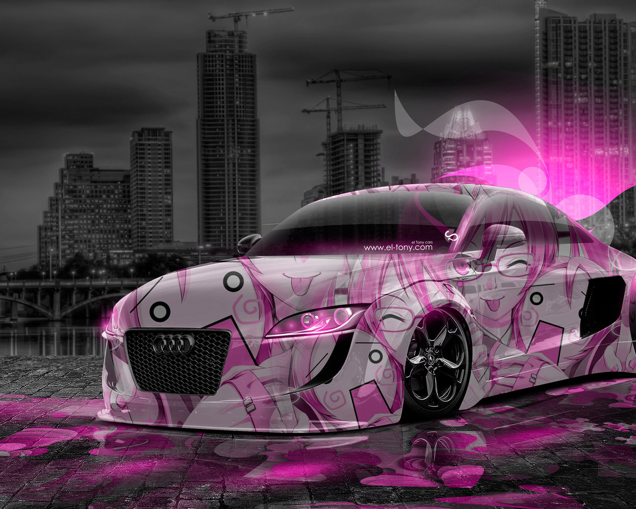 tony kokhan, audi, tt, tuning, anime, aerography, girl, pink, neon, effects, style, design, art, city, night, hd wallpapers, el tony cars, photoshop,  , , , , , , , , , , , , , 