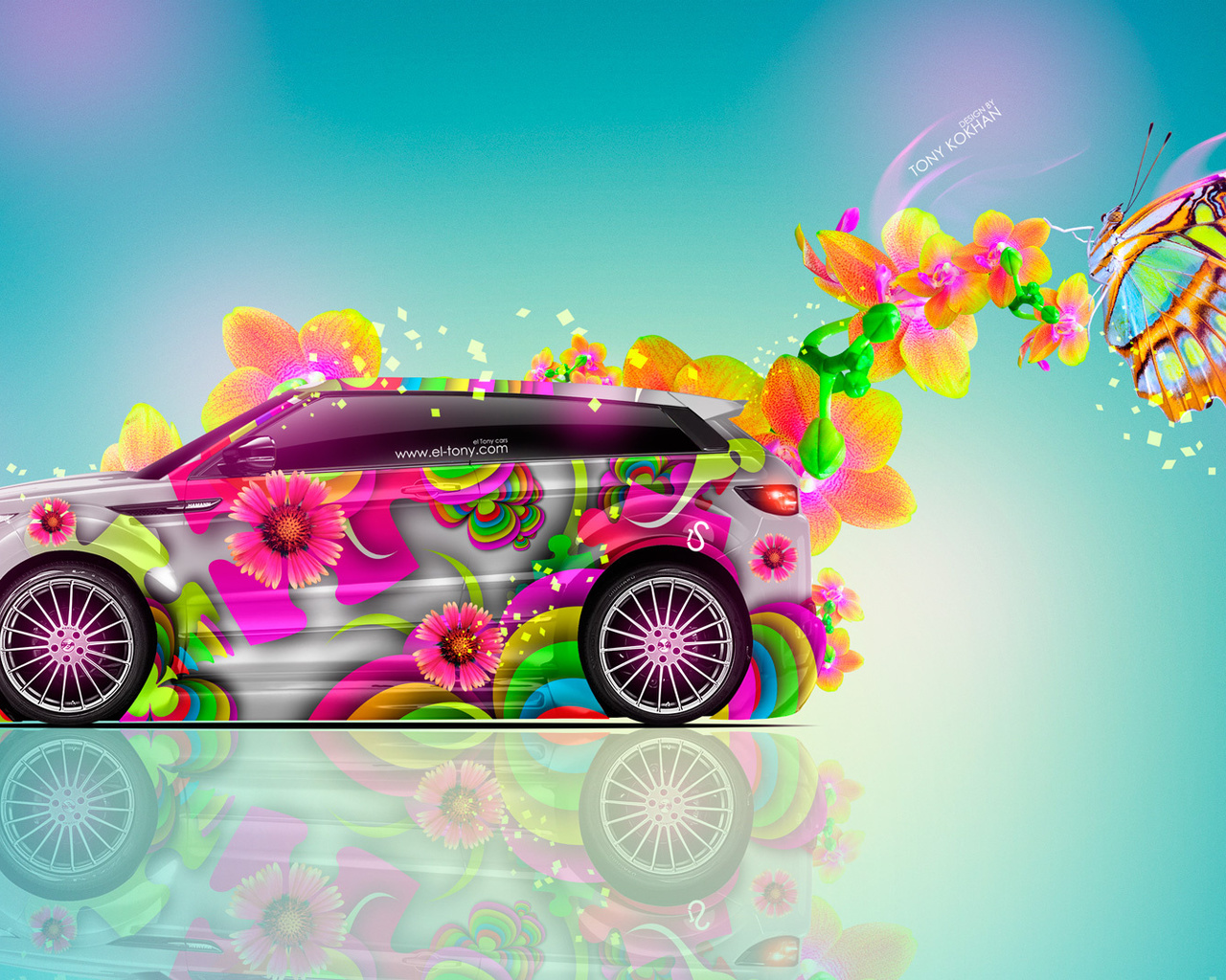 tony kokhan, land rover, evoque, side, fantasy, flowers, multicolors, aerography, blue, pink, yellow, neon, el tony cars, design, art, style, hd wallpapers, crossover,  , , , ,  , , ,  , , 