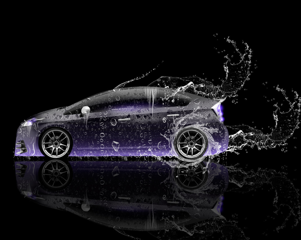 tony kokhan, toyota, prius, hybrid, side, water, car, violet, neon, effects, black, el tony cars, photoshop, hd wallpapers, design, art, style,  , , , ,  , , , , , , , , , 