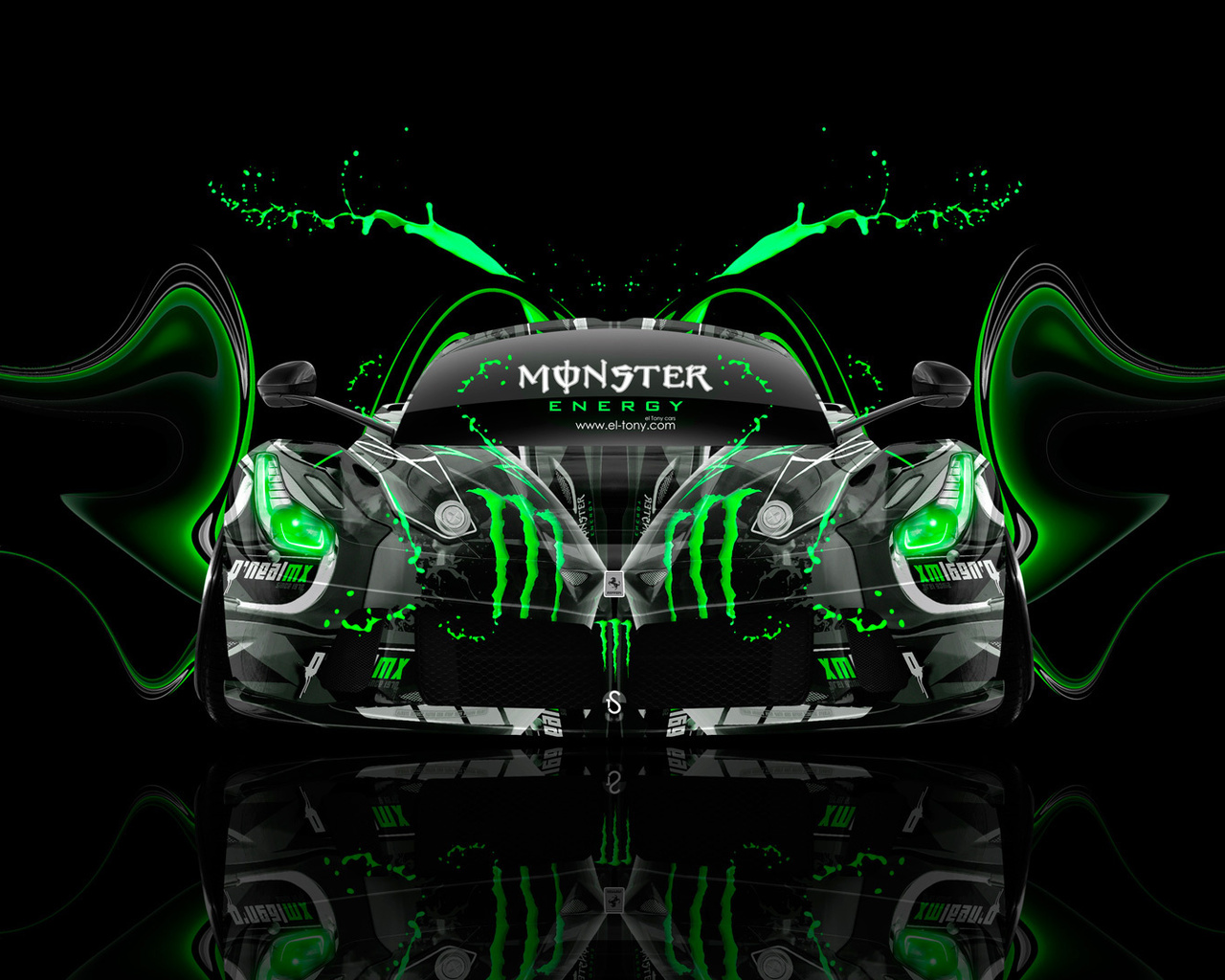 tony kokhan, ferrari, laferrari, monster energy, front, super, plastic, acid, drink, car, aerography, green, neon, effects, hybrid, el tony cars, photoshop, hd wallpapers, design, art, style,  , , ,  , , 