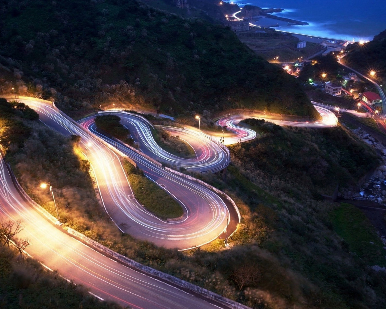 coastal, road, light, city, mountain