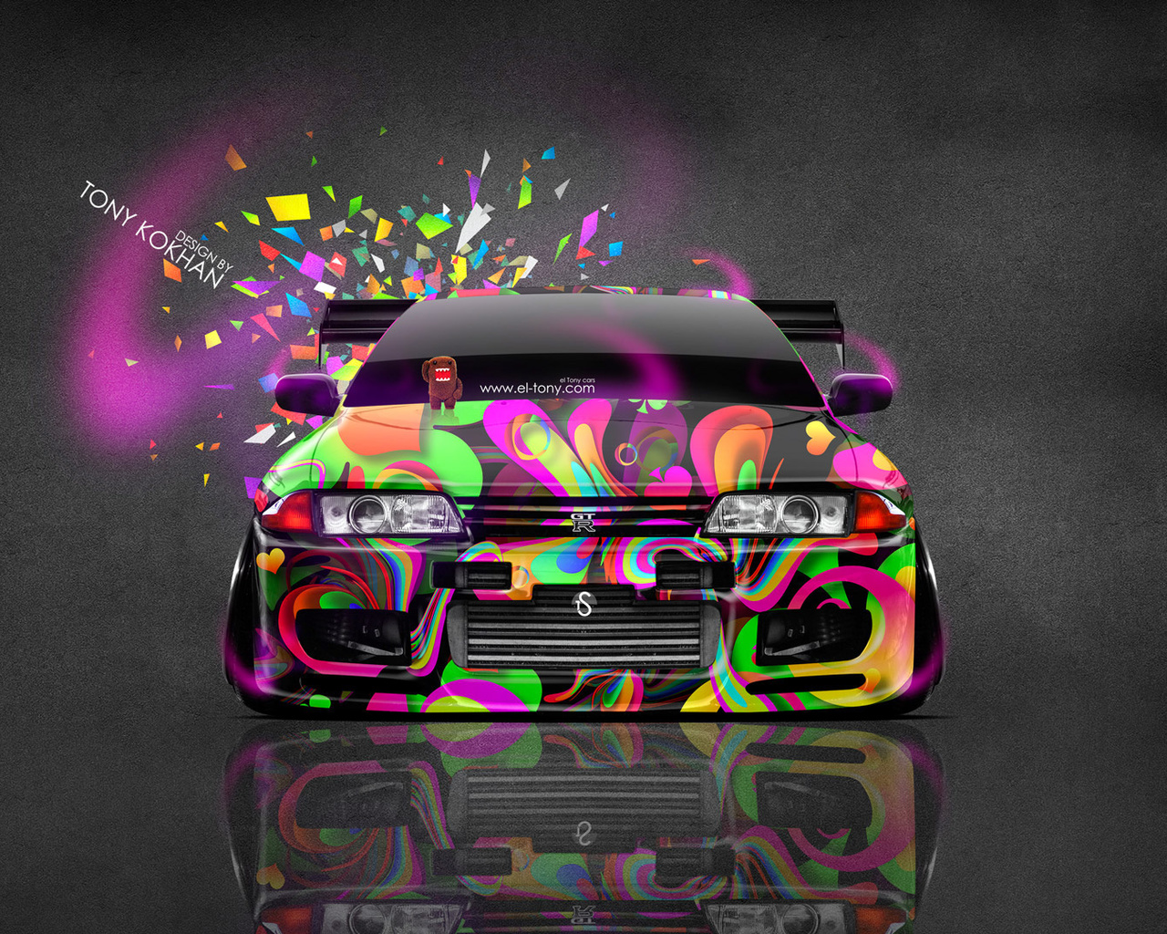 tony kokhan, nissan, skyline, gtr, r32, jdm, front, domo kun, toy, car, multicolors, hd wallpapers, pink, neon, abstract, aerography, japan, tuning, el tony cars,  , , , , , 32, 32 ,  , , 