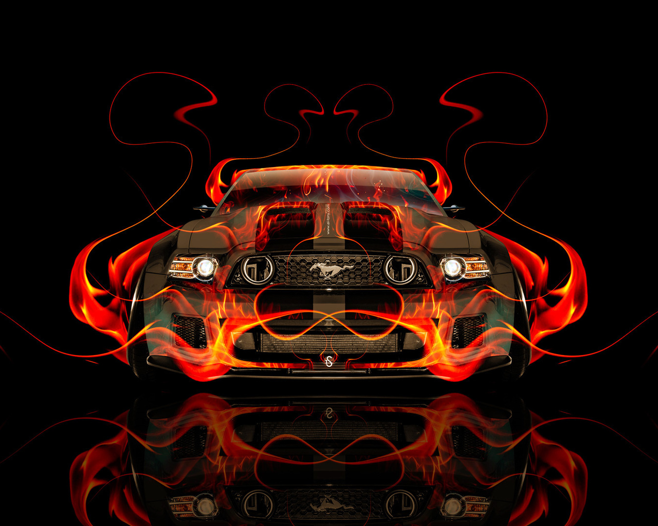 tony kokhan, ford, mustang, gt, front, fire, car, tuning, orange, flame, muscle, black, abstract, el tony cars, photoshop, hd wallpapers, design, art, style, american, usa,  , , , , , ,  , , , ,