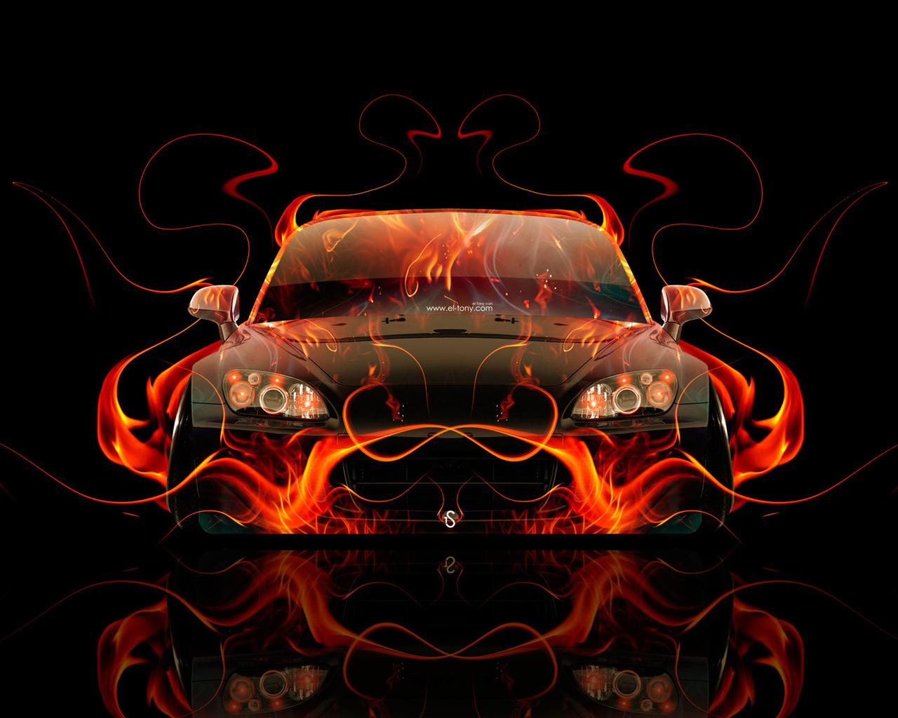 tony kokhan, honda, s2000, front, fire, abstract, car, orange, flame, black, el tony cars, japan, auto, hd wallpapers, design, art, style, photoshop,  , , , 2000,  , , , , , , , , 