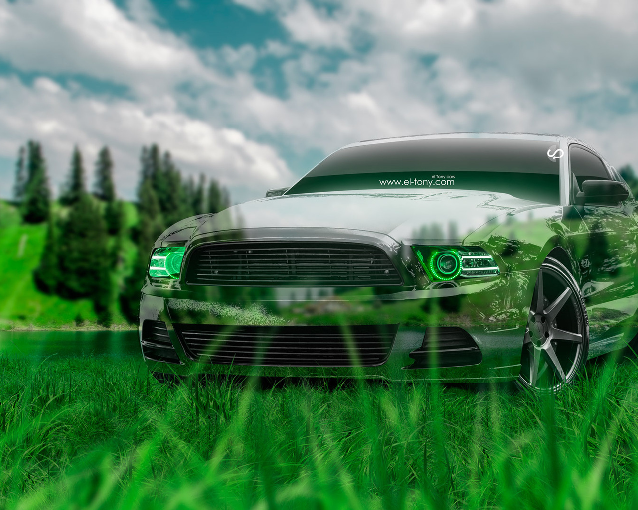 tony kokhan, ford, mustang, gt, crystal, nature, car, muscle, green, grass, american, auto, el tony cars, photoshop, design, art, style, hd wallpapers,  , , , , , , , , , , , , , 