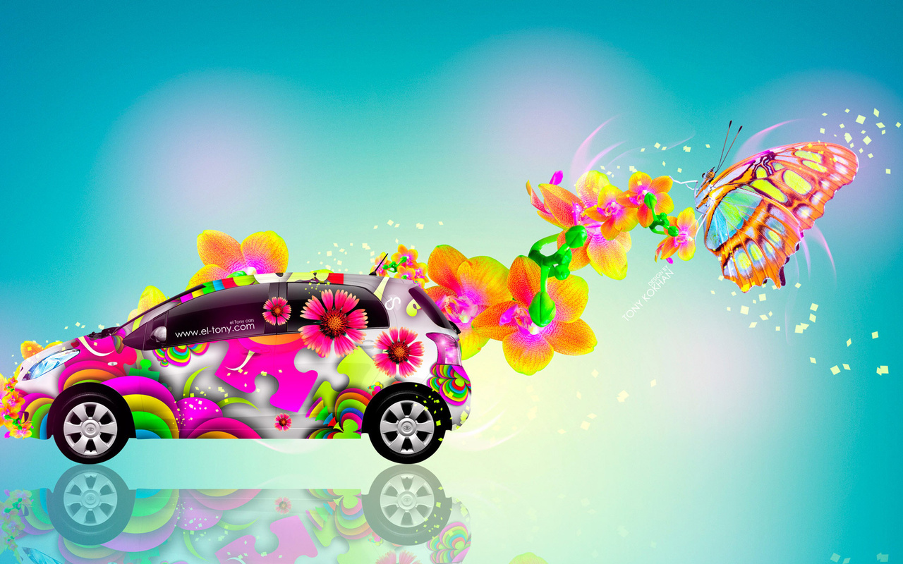 tony kokhan, toyota, vitz, jdm, side, abstract, aerography, fantasy, butterfly, flowers, car, multicolors, blue, yellow, el tony cars, photoshop, design, art, style, hd wallpapers,  , , , , ,  , , 