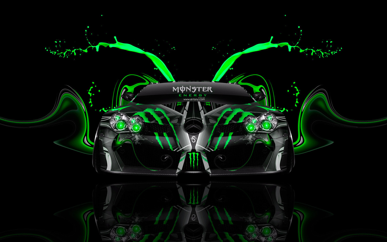 tony kokhan, monster energy, mercedes-benz, slr, mclaren, mansory, front, plastic, car, aerography, green, acid, effects, black, el tony cars, photoshop, hd wallpapers, tuning, design, art, style,  , ,  , , -