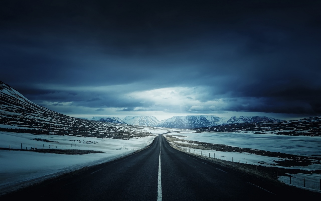 iceland, road, mountain, clouds, sky