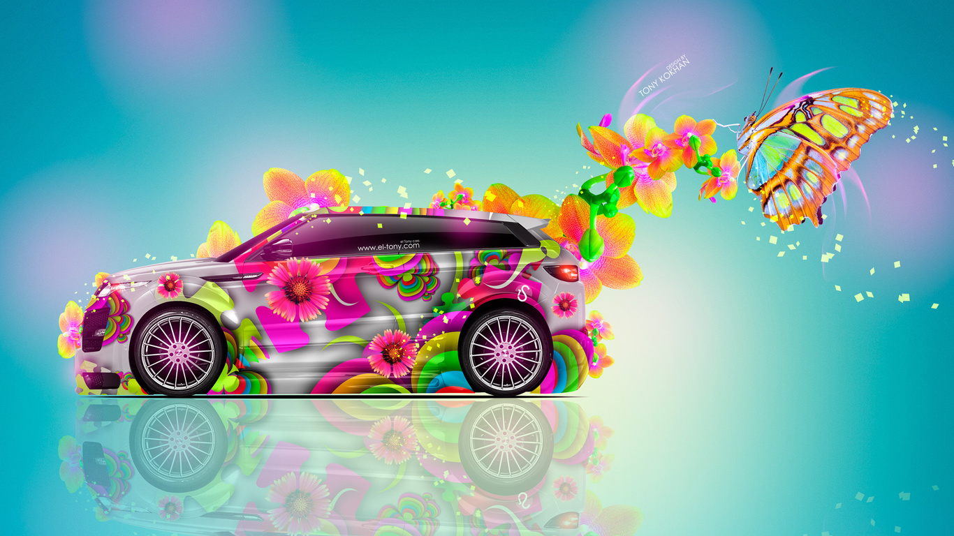tony kokhan, land rover, evoque, side, fantasy, flowers, multicolors, aerography, blue, pink, yellow, neon, el tony cars, design, art, style, hd wallpapers, crossover,  , , , ,  , , ,  , , 
