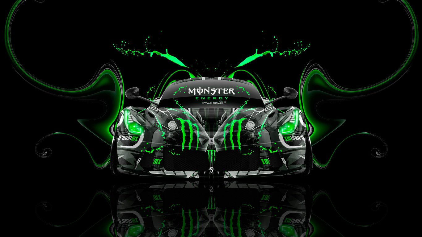 tony kokhan, ferrari, laferrari, monster energy, front, super, plastic, acid, drink, car, aerography, green, neon, effects, hybrid, el tony cars, photoshop, hd wallpapers, design, art, style,  , , ,  , , 